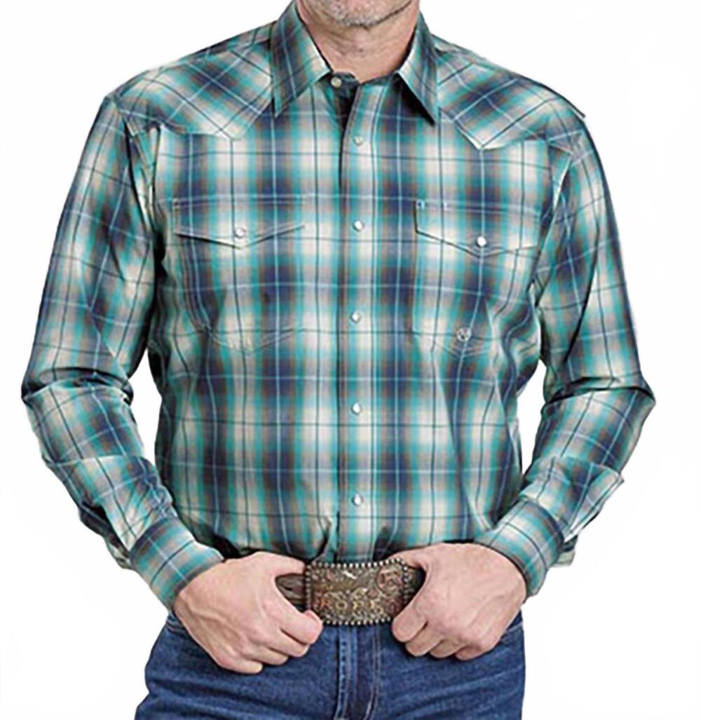 NEW ROPER amarillo snap closure western plaid shirt in blue